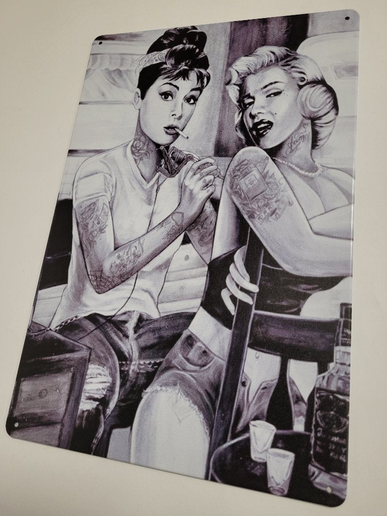 Audrey Hepburn Marilyn Monroe tattoo metalen reclamebord, Info@deconoord.nl, Deco Noord, Nieuw, Ophalen of Verzenden