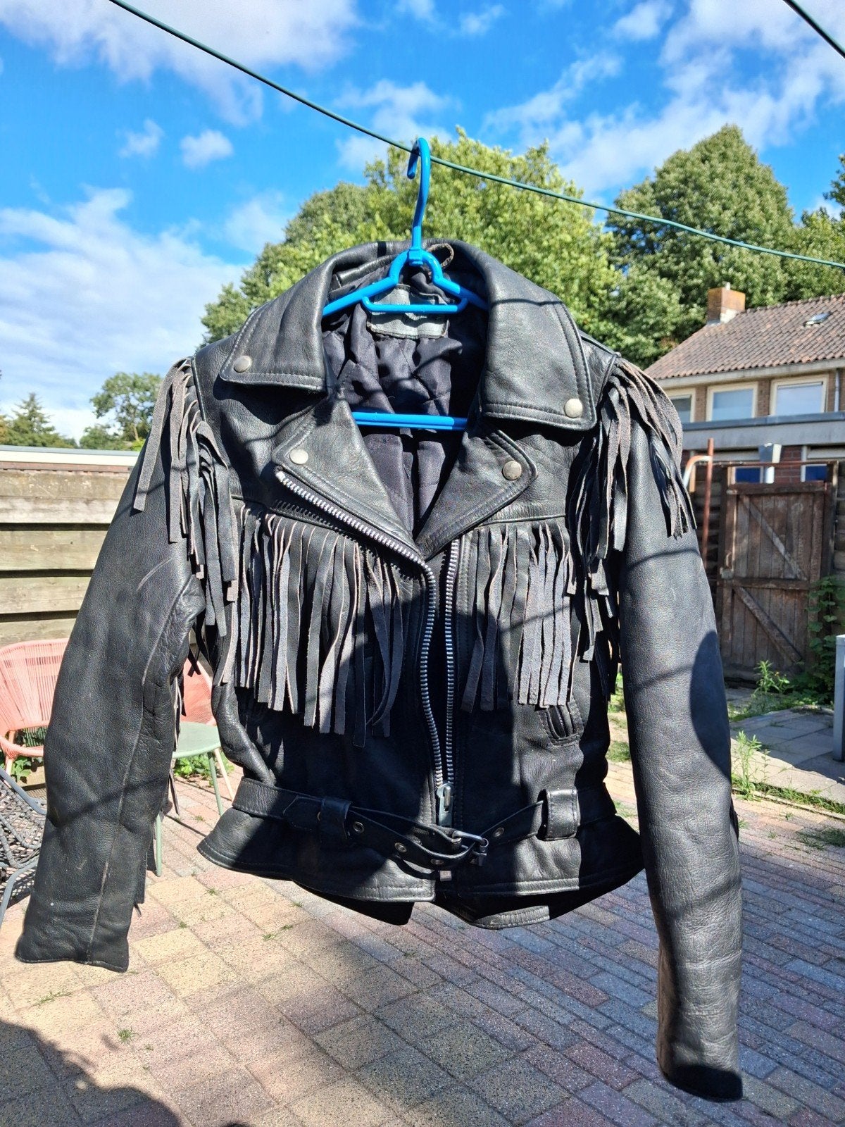 Zwart leren motorjas met franjes XXS of kindermaat 146/152, Ophalen of Verzenden, Tweedehands, Dames, Jas | leer