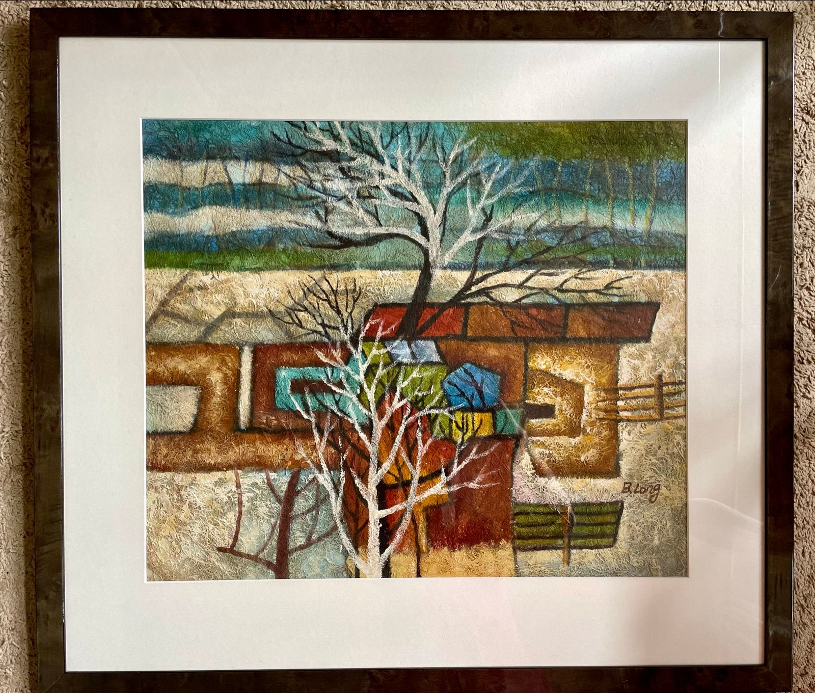 Abstract Schilderij B. Long - Landschap met Bomen, Ophalen