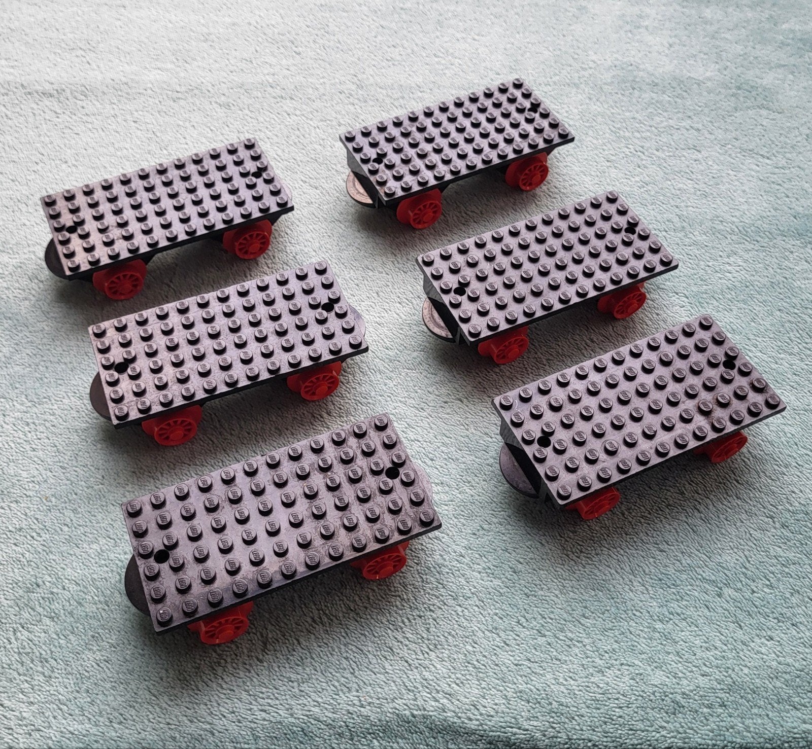Lego trein blauwe rails 6x kort model wagon onderstellen., Ophalen of Verzenden, Gebruikt, Losse stenen, Lego