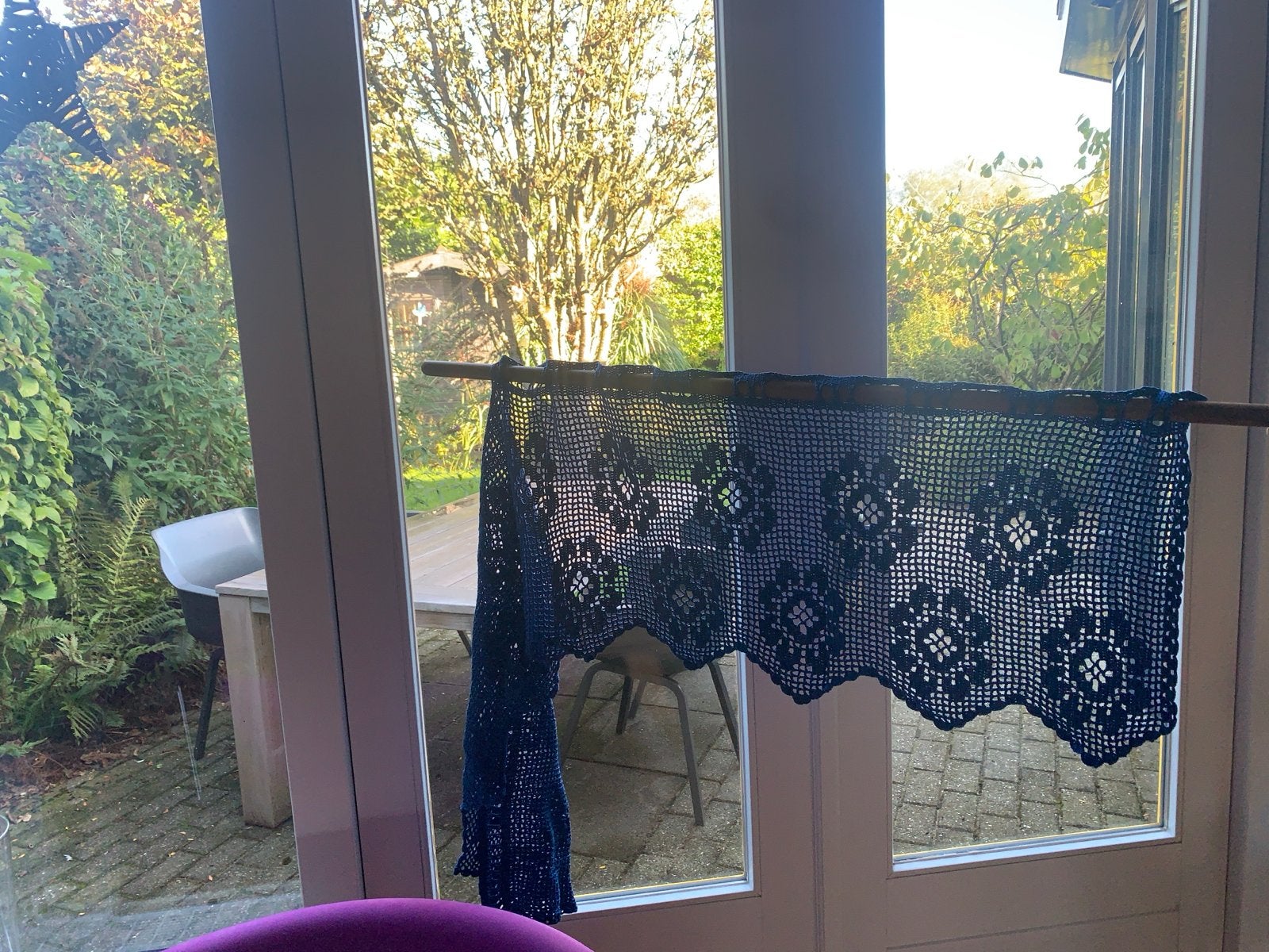 Vintage gehaakt gordijn - 2stuks - Gratis af te halen, Ophalen, Gebruikt, Blauw, Gordijn