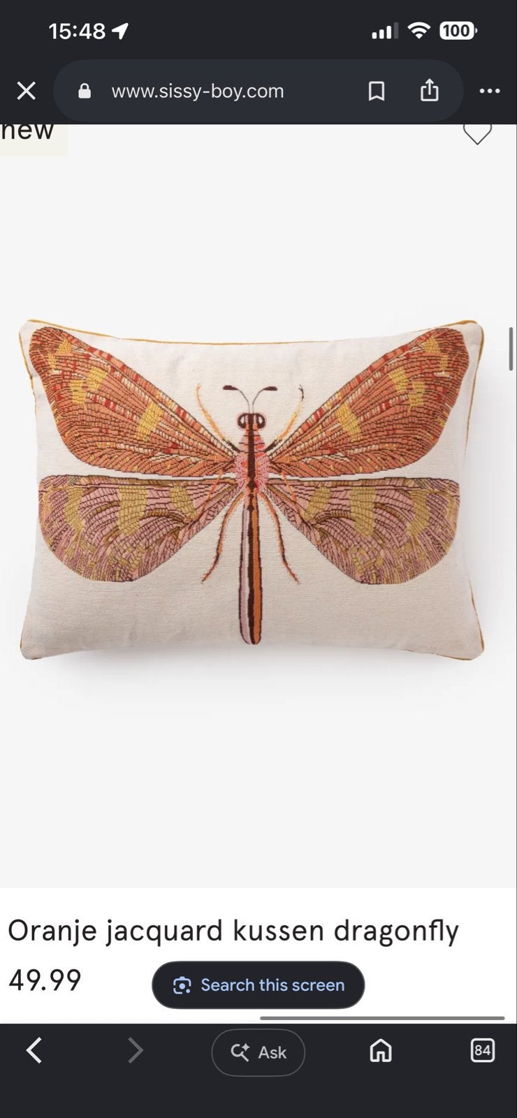 Gezocht: Libelle kussen Sissy Boy (Oranje Jacquard Dragonfly, Huis en Inrichting, Ophalen, Overige merken, Met print, Oranje