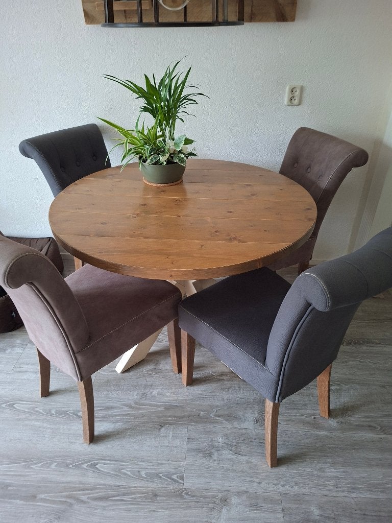 Eetkamertafel en stoelen, Huis en Inrichting, Gebruikt, Rond, Ophalen of Verzenden, Vier personen