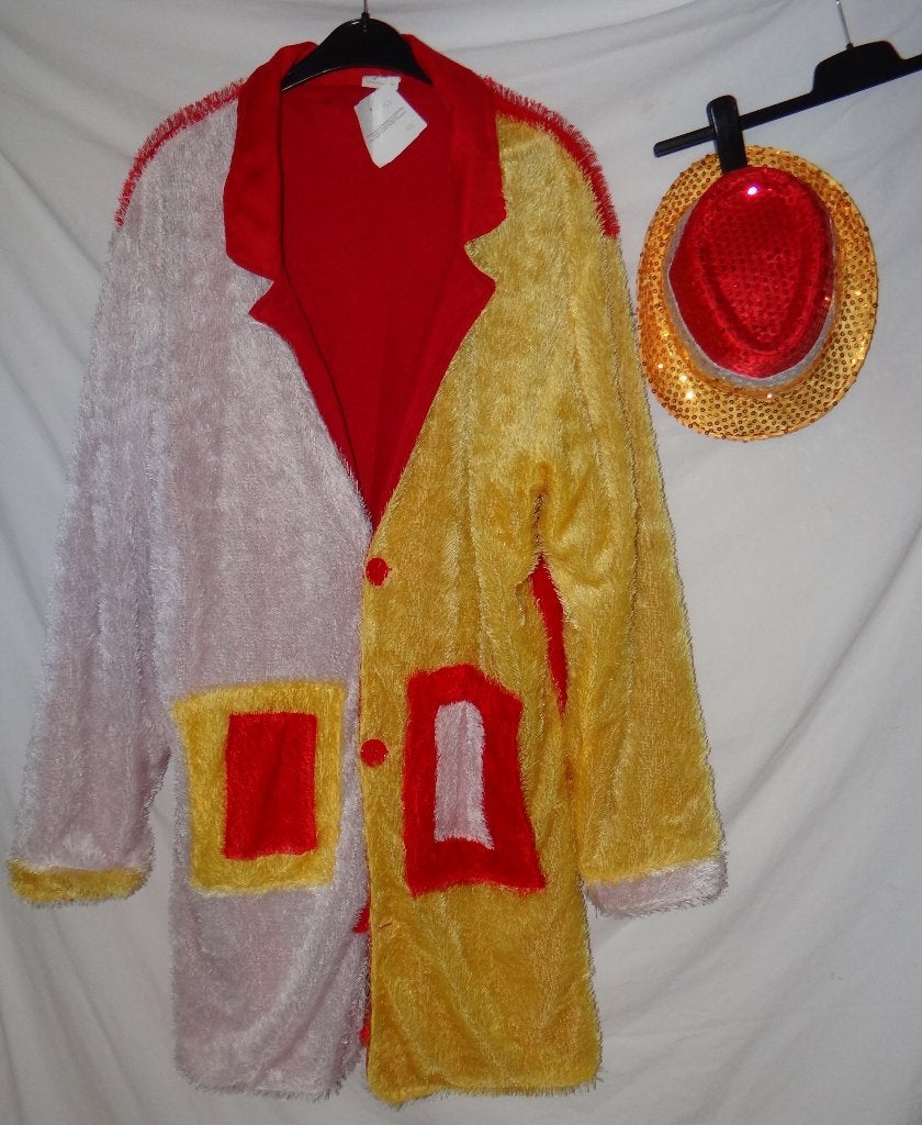 Leuke geel/rood/wit CARNAVAL/CLOWN/OETELDONK jas + hoed, Maat 52/54 (L), Carnaval, Ophalen of Verzenden, Kleding