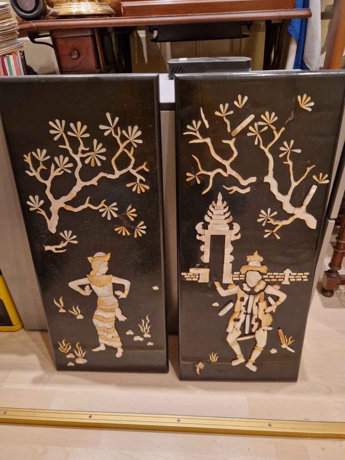 Set van 2 Vintage Aziatische Parelmoer Wandpanelen, Ophalen of Verzenden