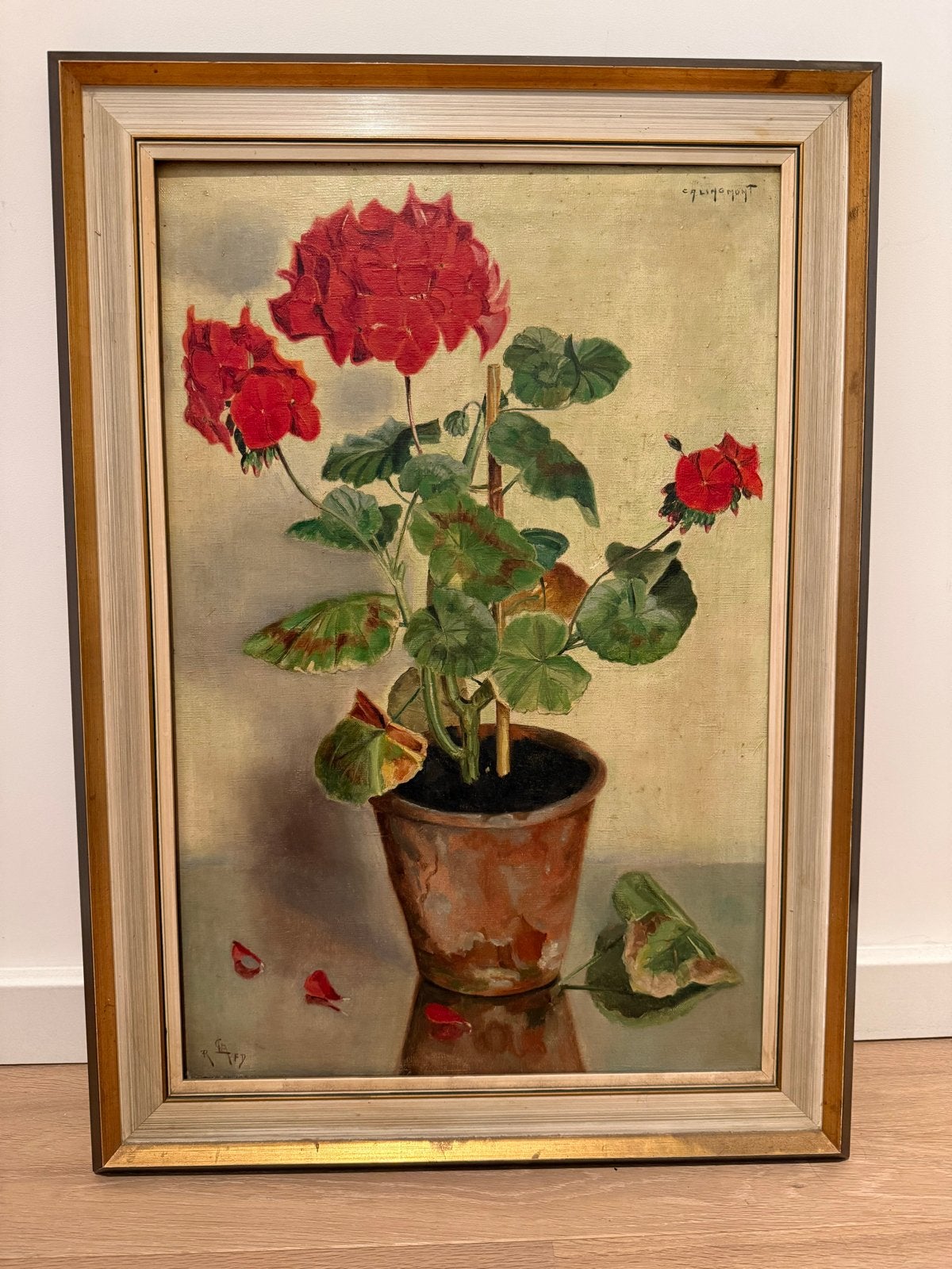 Olieverfschilderij Geraniums in Pot - C.A.Lingmont, Doek, Realistisch, Gesigneerd, Olieverf