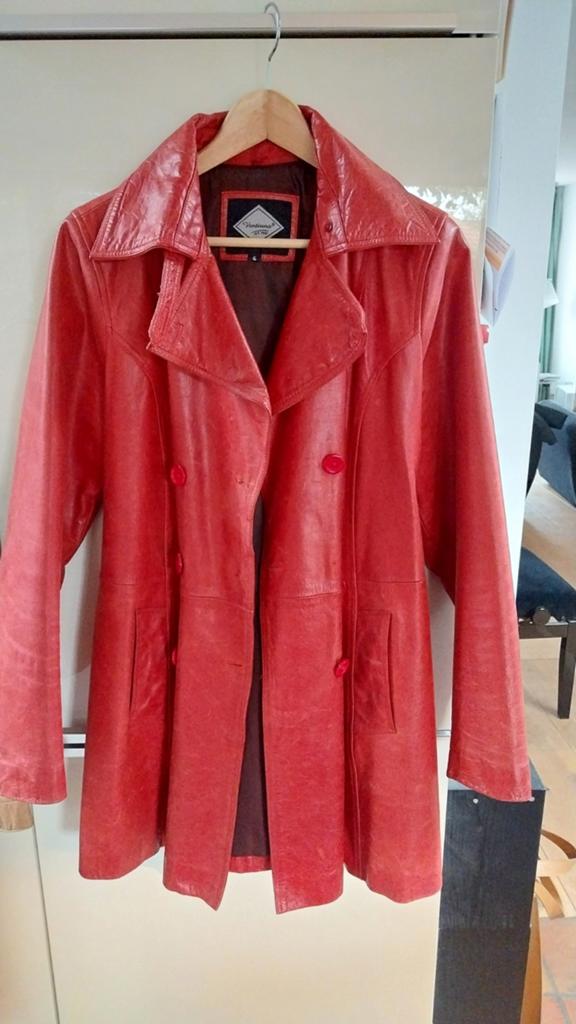 Unieke mooie mid-lange leren dames jas, rood. Ventiuno. 40., Maat 38/40 (M), Gedragen, Rood, Ventiuno