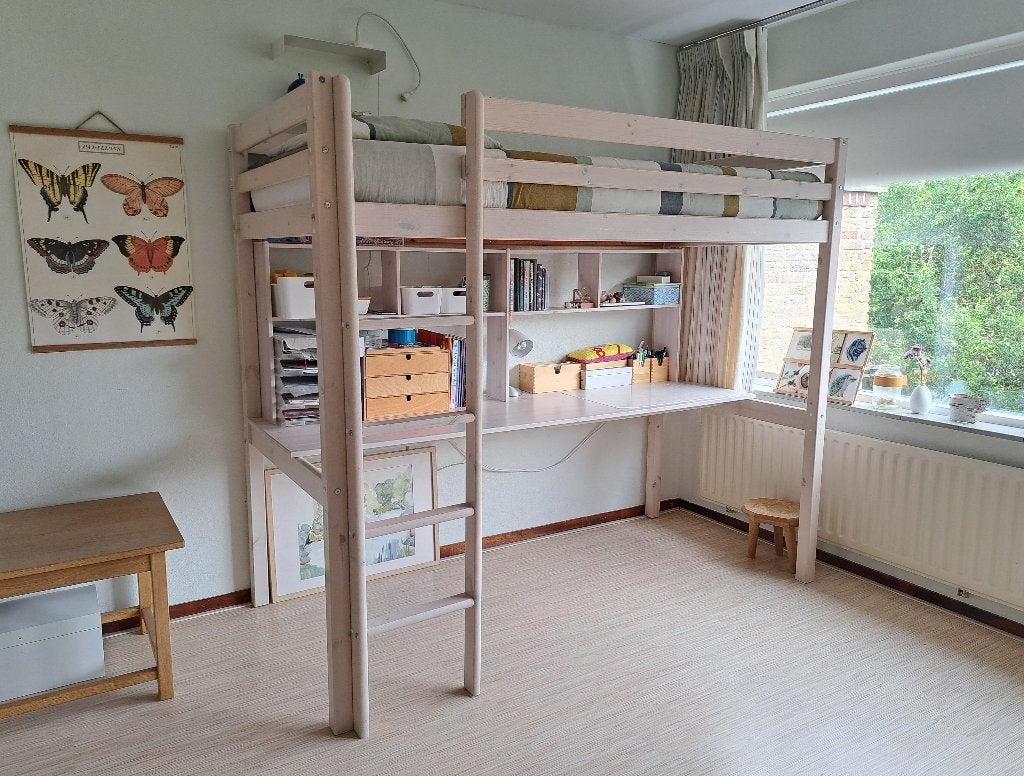 Whitewash Flexa hoogslaper, mét bureau en opzet, Ophalen, 100 cm, Hoogslaper, Eenpersoons
