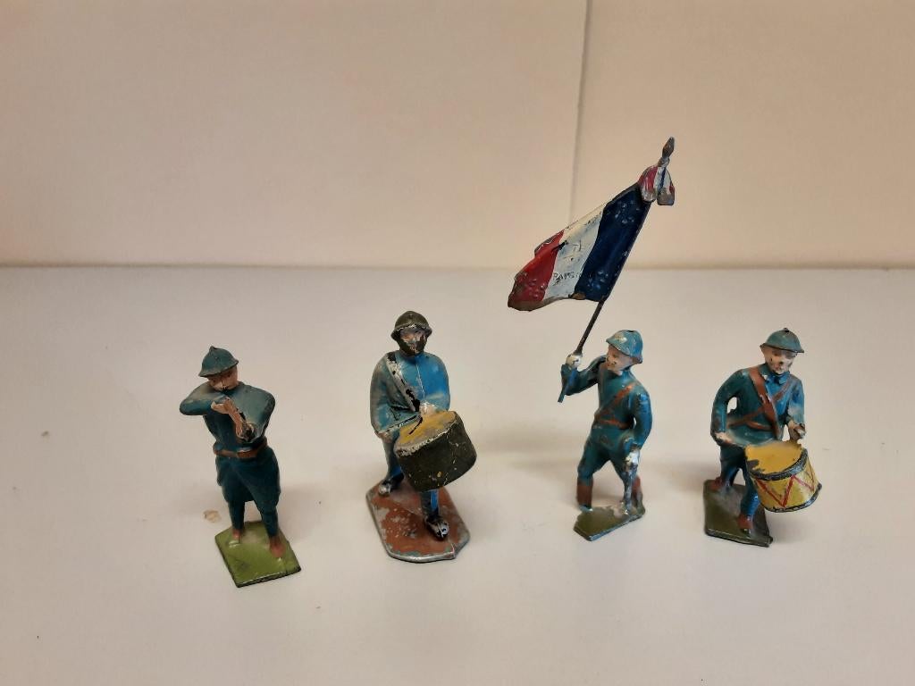 Antiek speelgoed: 4 soldaten Frans leger , WW1, Antiek en Kunst, Ophalen of Verzenden