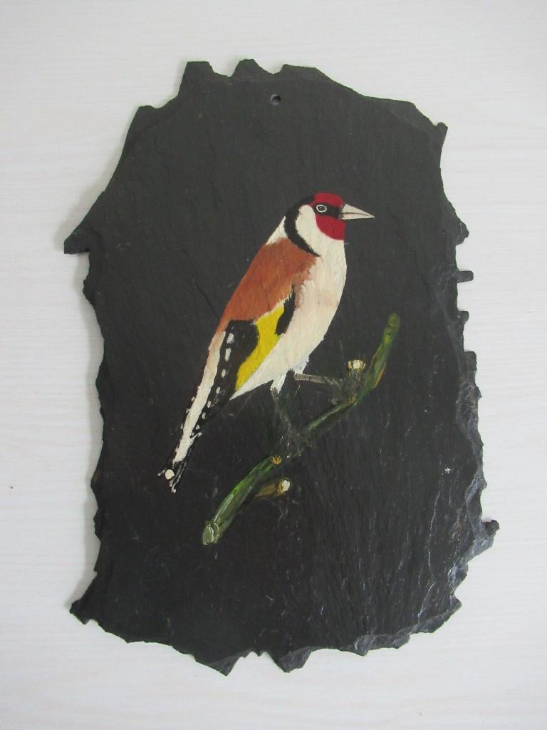 Geschilderde vogel/Putter op een lei, Ophalen of Verzenden, Gebruikt