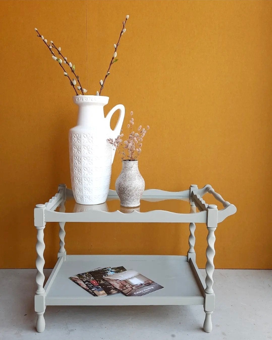 Vintage serveer tafeltje met glasplaat en onder blad, tafel, Ophalen, Gebruikt, Vintage, Nvt