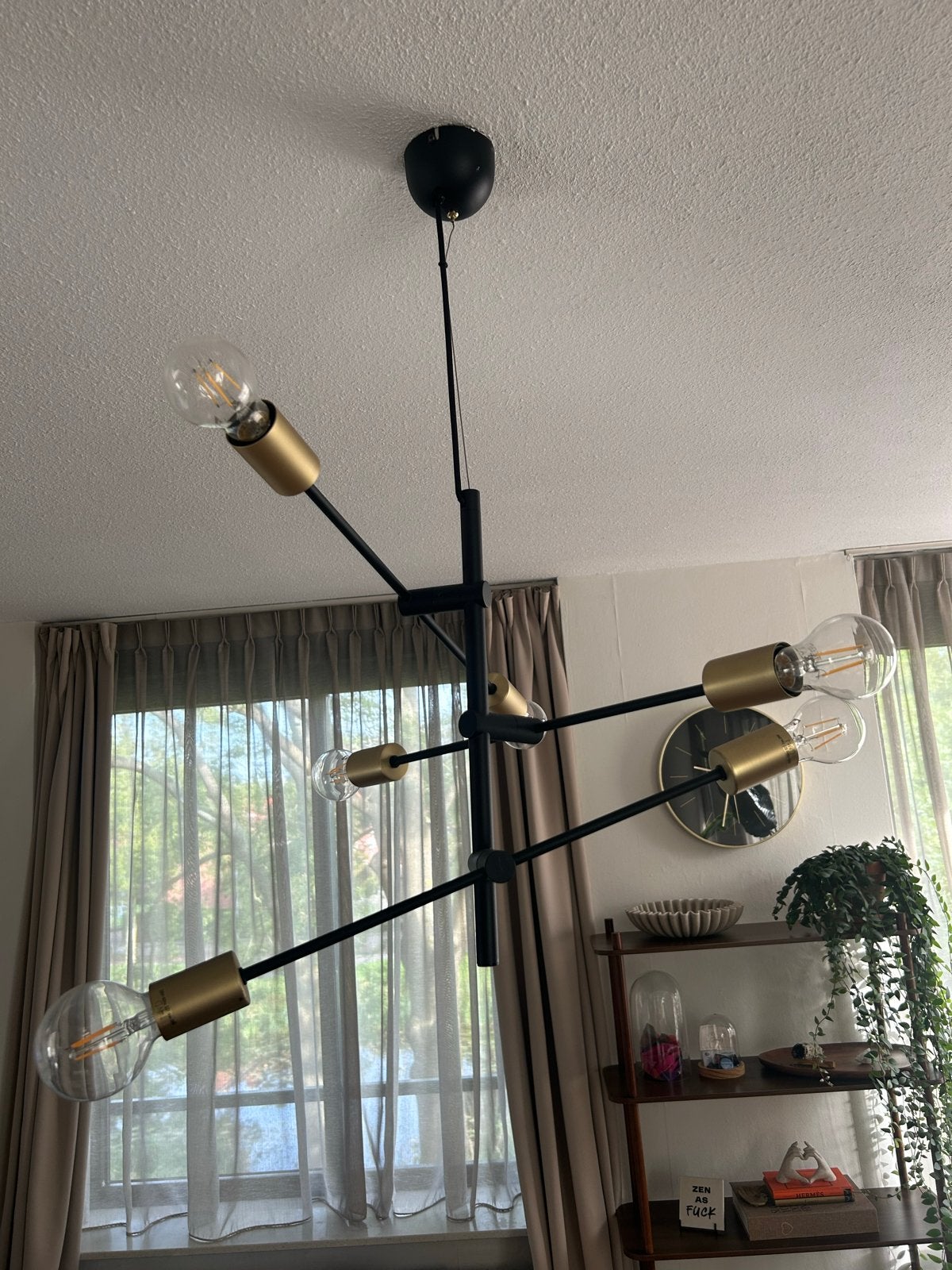 Moderne Zwarte en Gouden Sputnik Plafondlamp, Ophalen, Zo goed als nieuw, Metaal, E27 (groot)