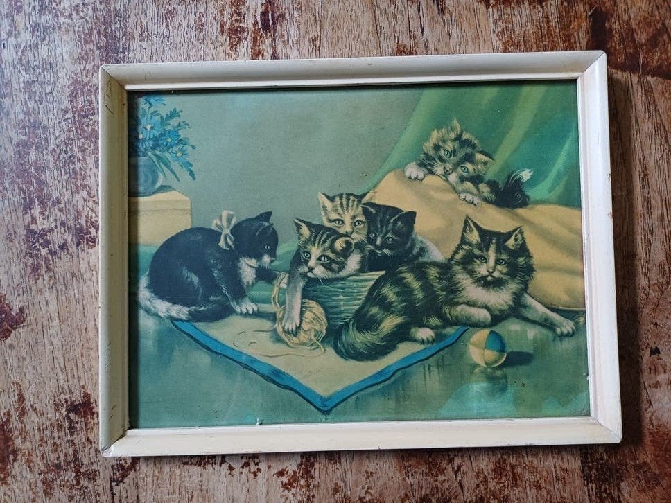 Vintage prent spelende katjes in lijst, Gebruikt, Ophalen of Verzenden, Voor 1940, Dier