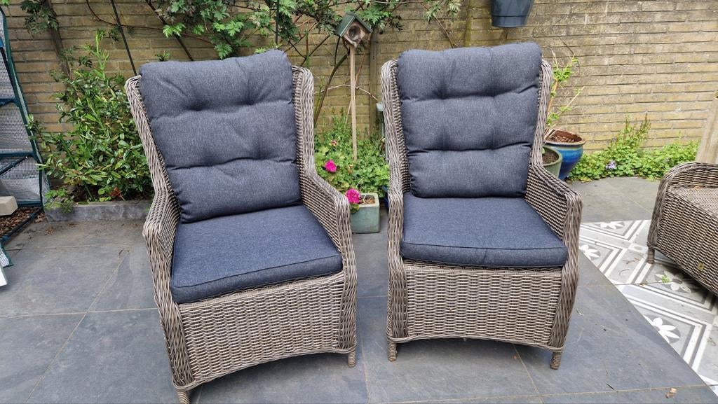 2x Mondial Living tuinstoelen lounge met kussens (Intratuin), Ophalen, Zo goed als nieuw, Kunststof