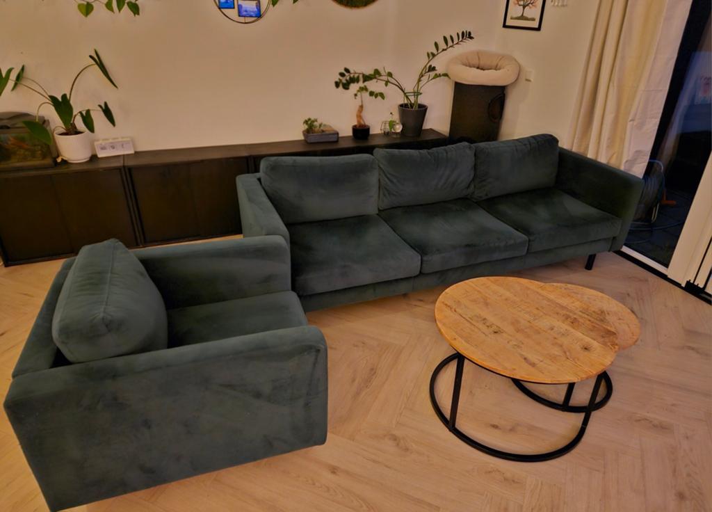 Gratis! Zitmaxx 3-zits bank met fauteuil Donkergroen velvet, Huis en Inrichting, Banken | Complete zithoeken, Ophalen, Gebruikt