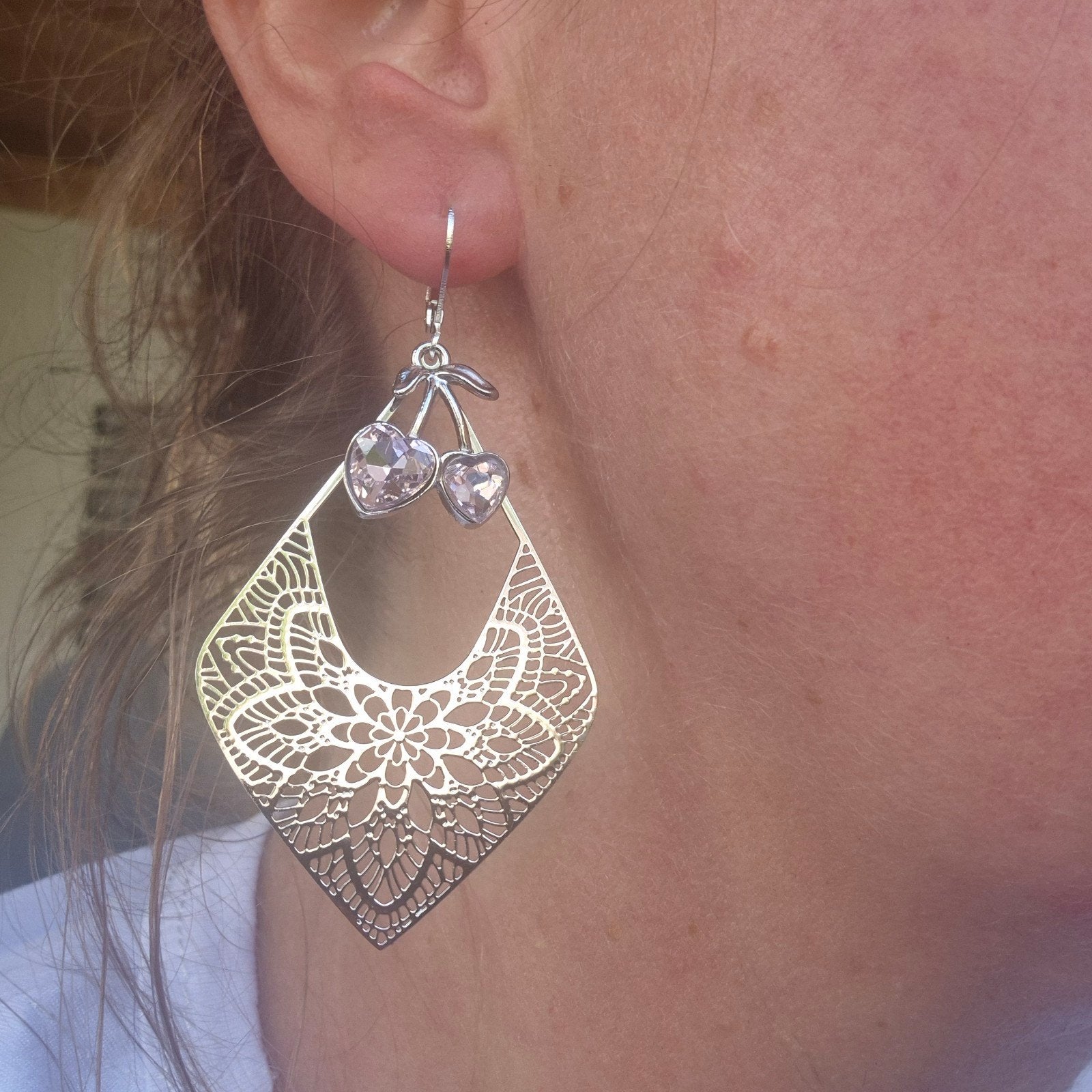 Zilverkleurige Oorbellen met Kersen strass Hangers, Met kristal, Overige materialen, Hangers, Nieuw