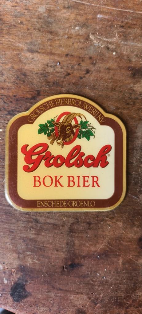 Vintage Grolsch Bokbier metalen tapplaatje, Ophalen of Verzenden, Gebruikt, Reclamebord, Plaat of Schild, Grolsch