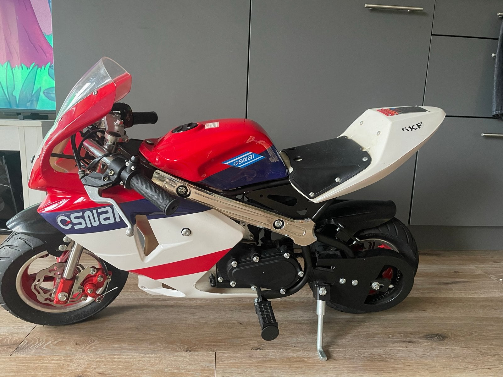 Minibike / Pocketbike - Rood/Wit/Blauw, Ophalen, Zo goed als nieuw, Schijfrem, Pitbike