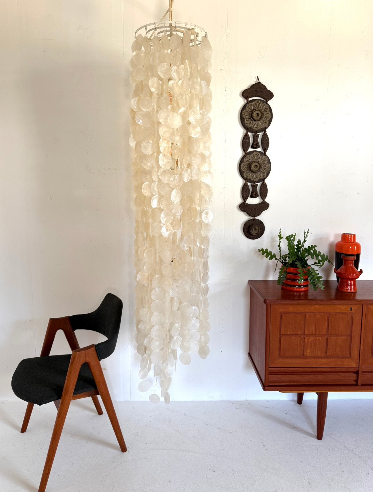 Vintage XXL (200cm) capiz schelpen hanglamp, Italië ‘80, Metaal, Vintage retro buisframe design rotan webbing papercord deens