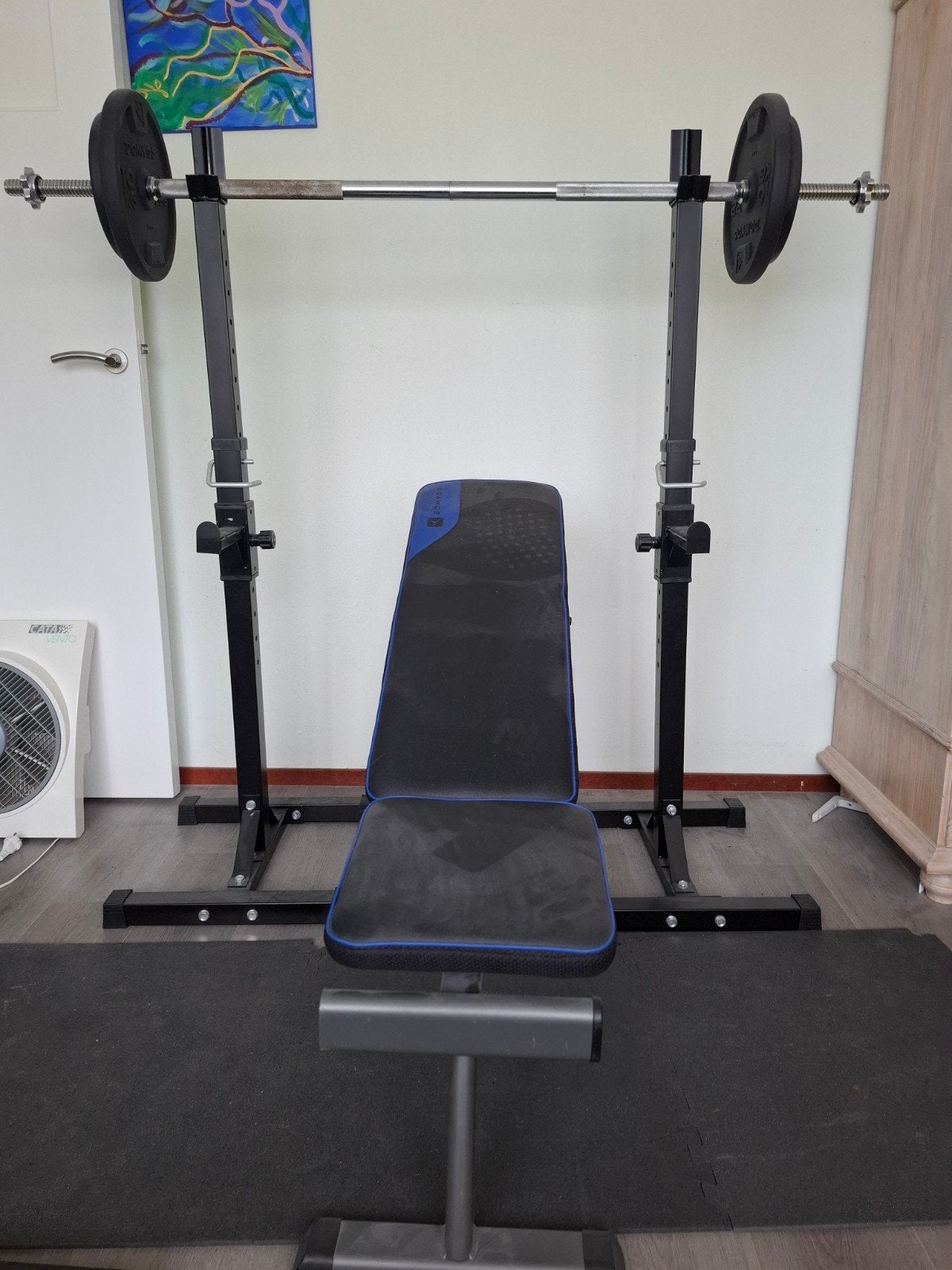 Complete Fitness Set: Bank, Squatrek, Halters & Gewichten, Ophalen, Gebruikt, Rug, Fitnessbank