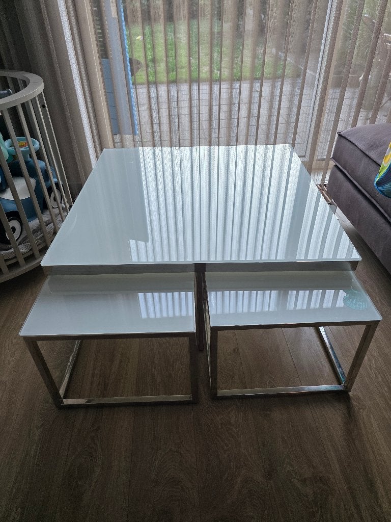 Glazen salontafel met 4 kleine tafels, Ophalen, De stijl van Eric Kuster, Gebruikt, Vierkant