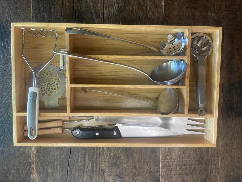 Houten bestekbak met divers keukengerei, Ophalen of Verzenden, Hout