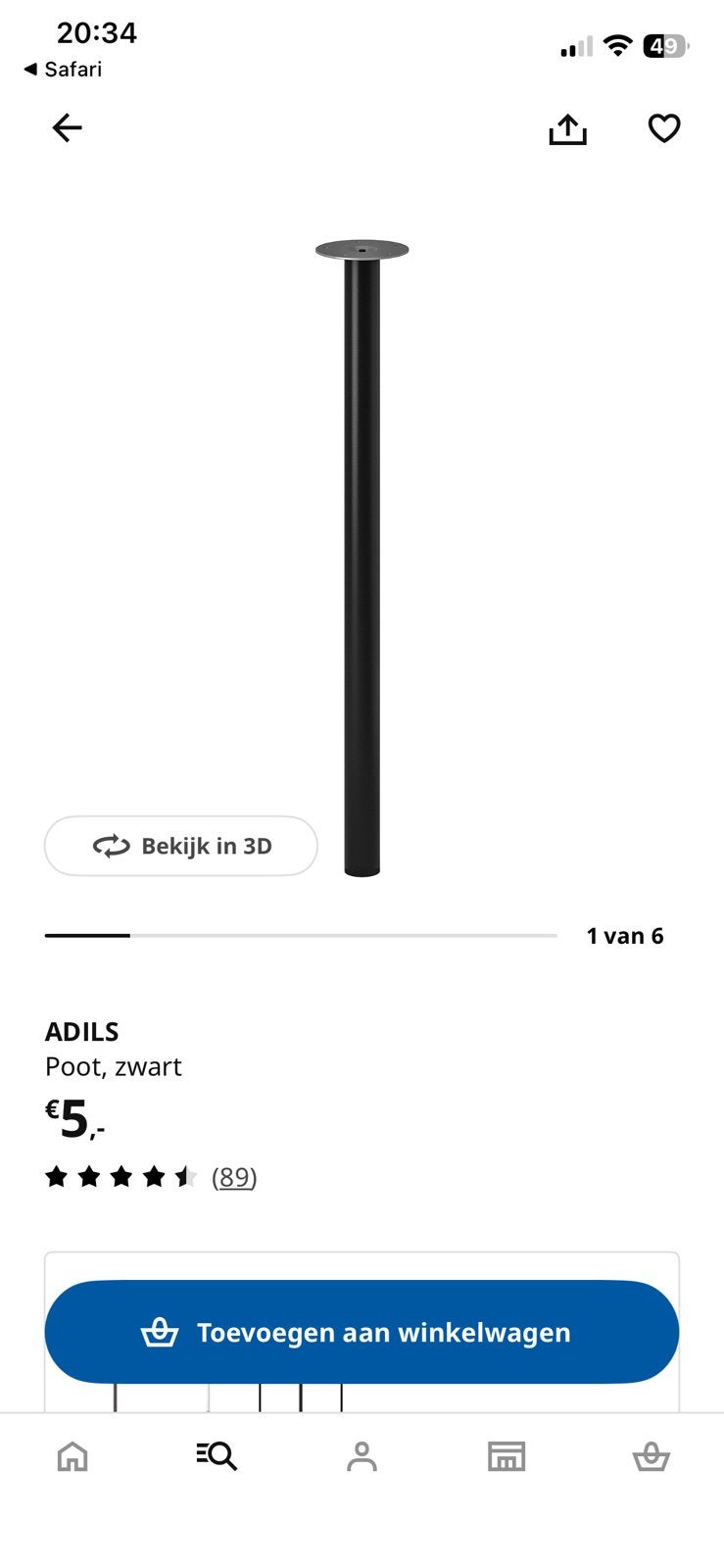 Ikea tafel poten 4 st Adils zwart, Huis en Inrichting, Ophalen, Zo goed als nieuw, Rond, 50 tot 100 cm
