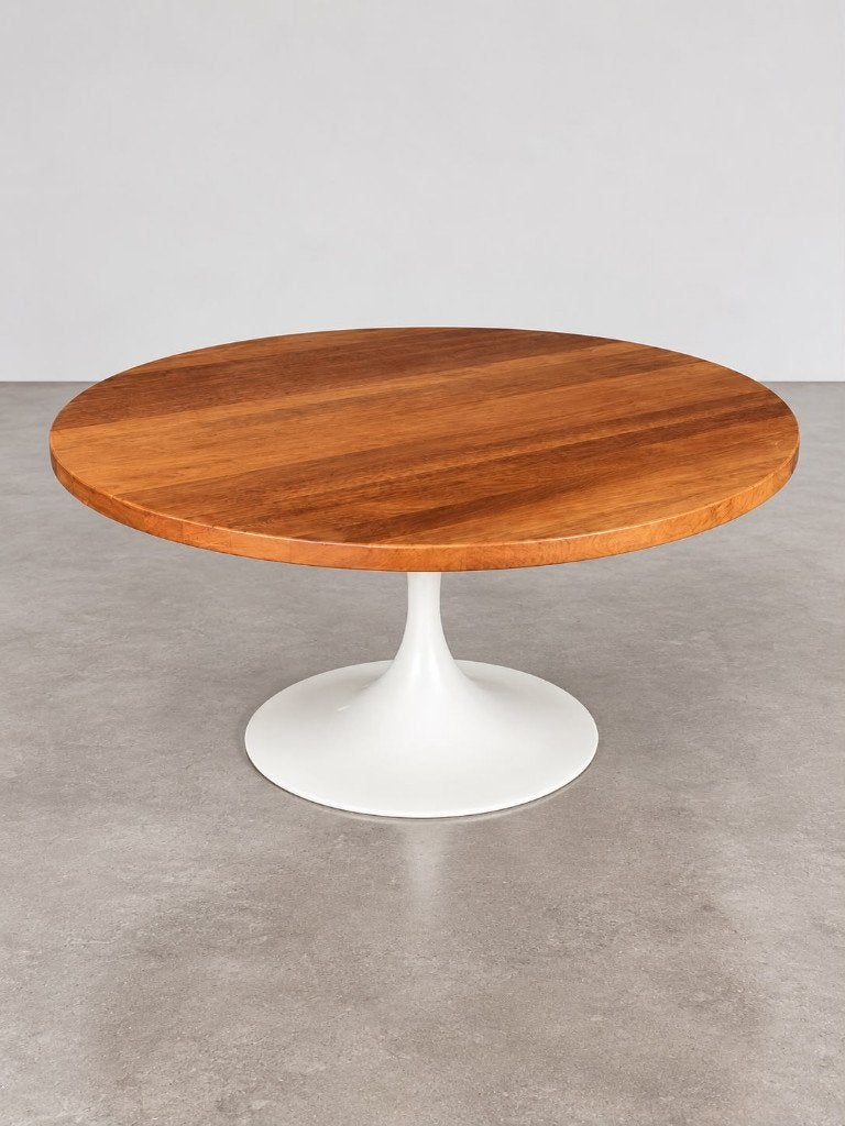 Lage tulp tafel met zwaar massief houten blad, Ophalen, Gebruikt, 100 tot 150 cm, 75 cm of meer