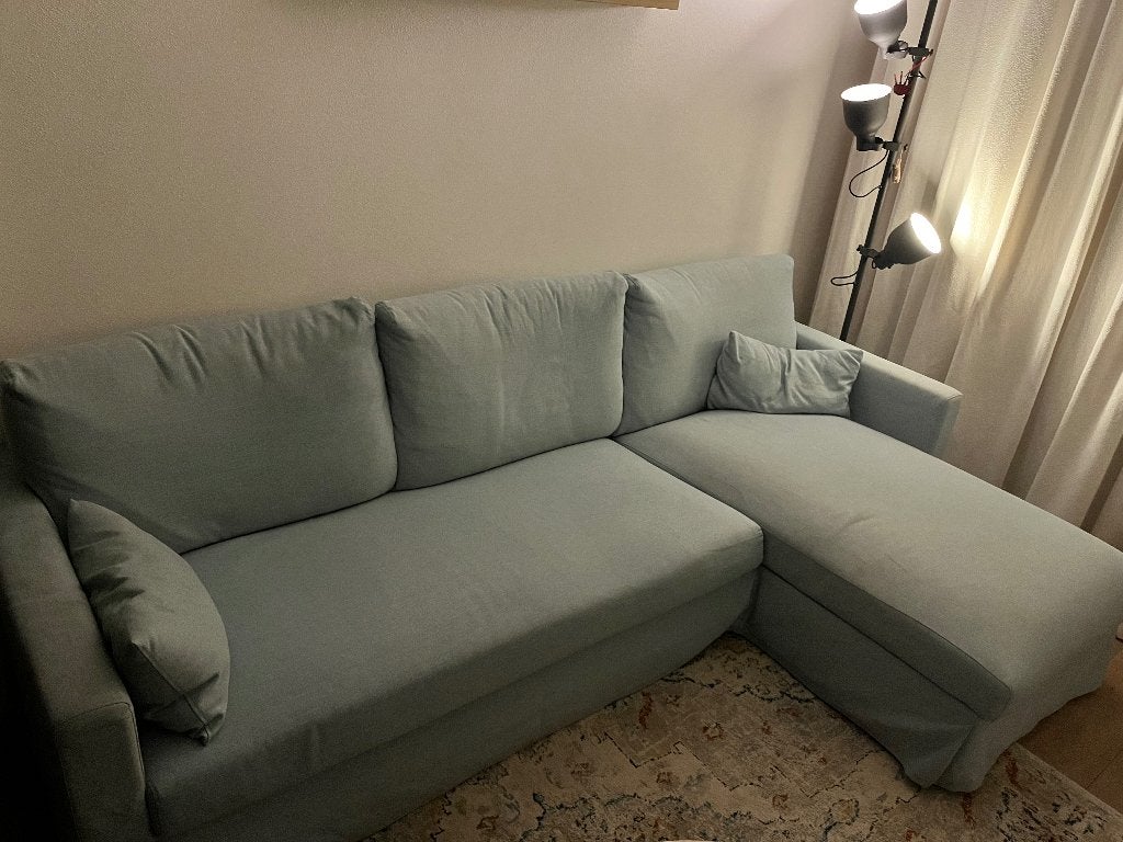Bank Hyltarp Ikea 1 jaar oud lichtblauw, Ophalen, 150 tot 200 cm, Hoekbank, Driepersoons