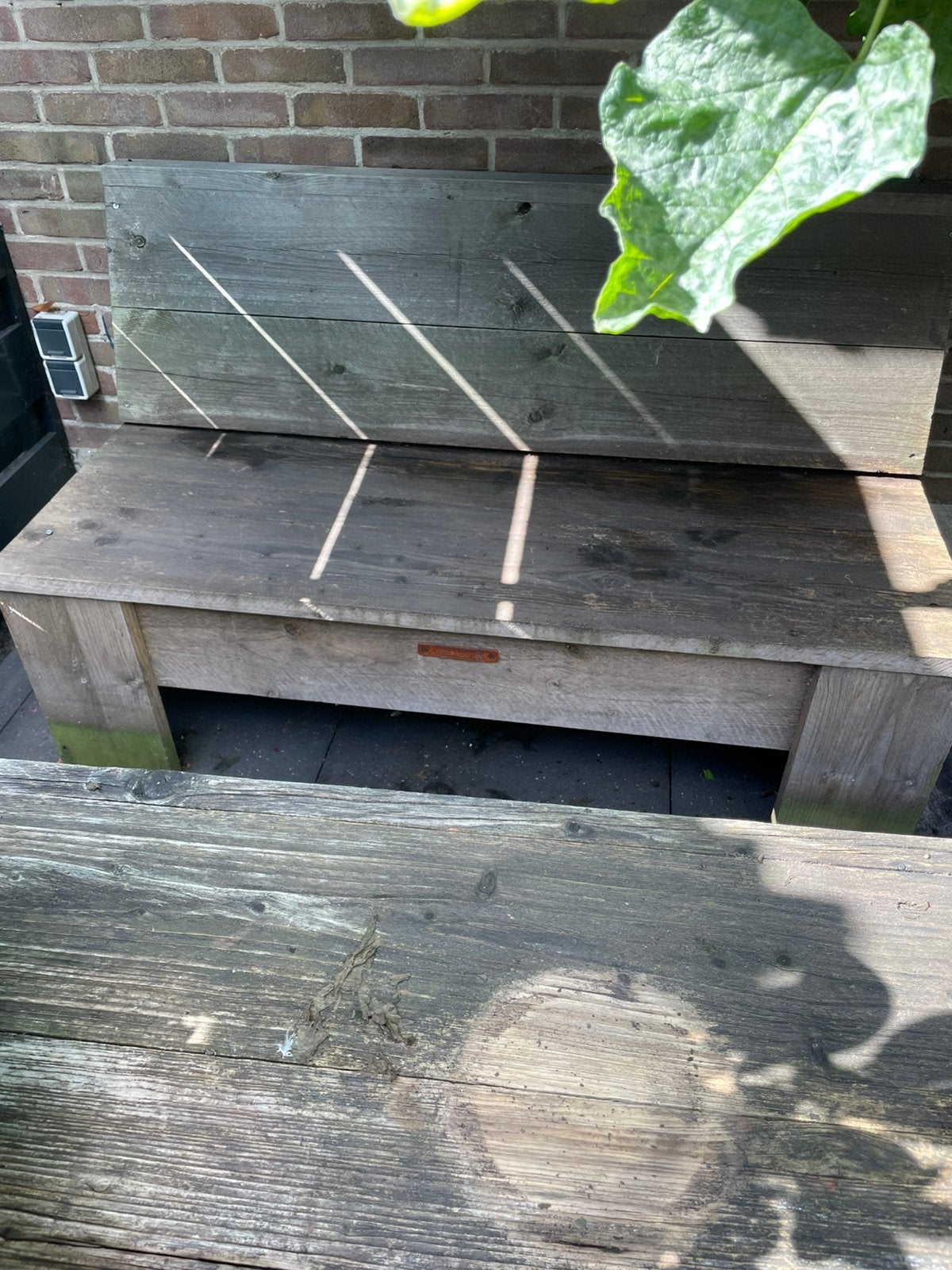 Steigerhout tuin tafel en bank, Ophalen, Gebruikt, 3 zitplaatsen, Steigerhout