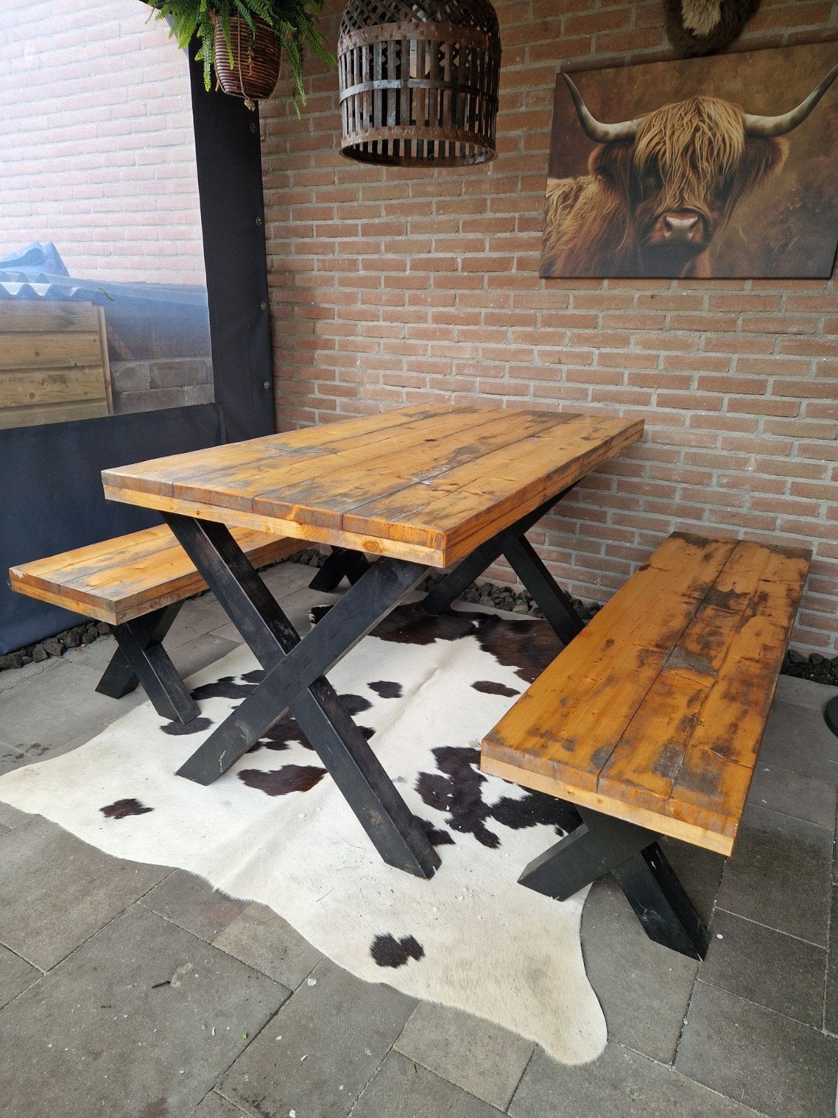 Stevige houten tuintafel met bankjes - 150x80 cm, Ophalen, Gebruikt, Rechthoekig, Hout