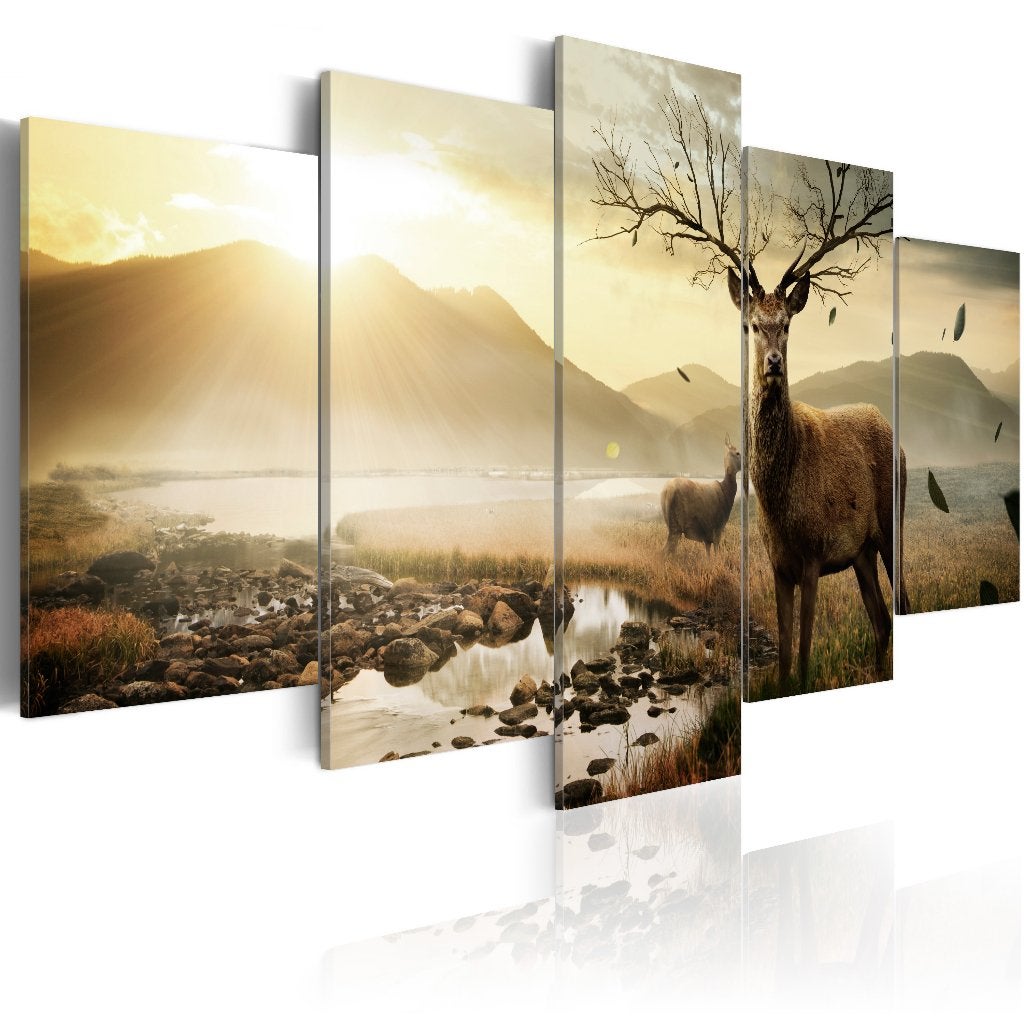 732 Hert Natuur Bergen 5 Luik Canvas Schilderij 200x100cm, Ophalen of Verzenden, Nieuw, 125 cm of meer, Schilderij
