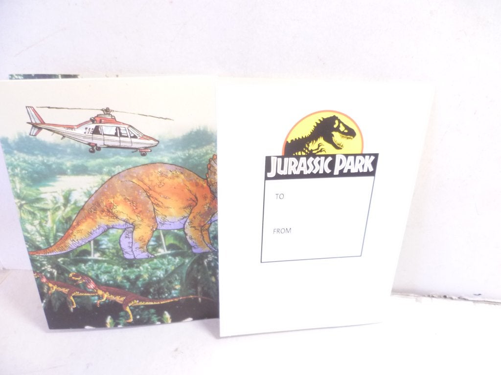Jurassic Park 1992 2 kartonnen uitklapkaarten  met envelop, Ophalen of Verzenden, Nieuw, Film, Foto of Kaart