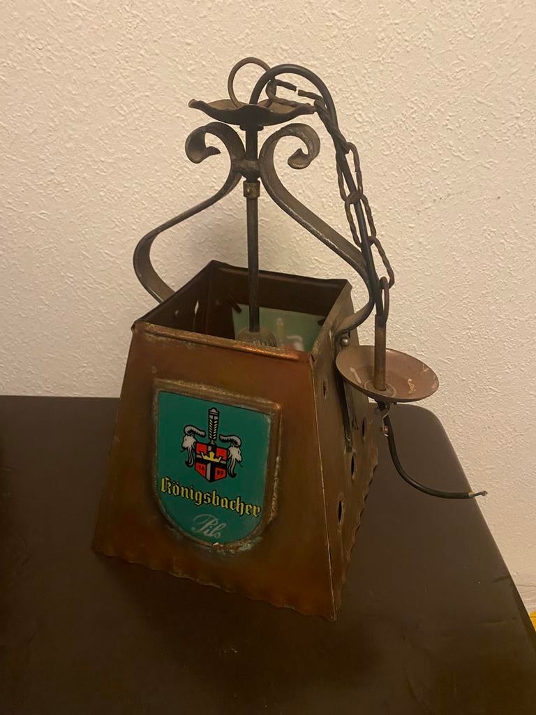 Mooie grote robuuste vintage kroegen lamp van koper en staal, Ophalen of Verzenden