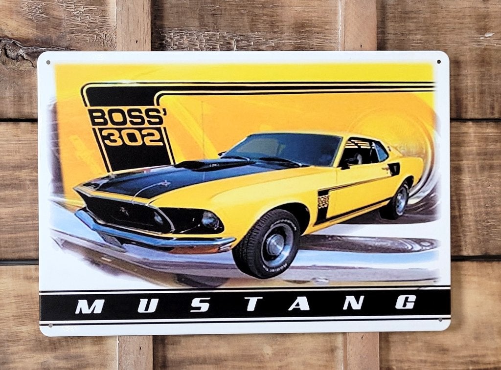 Ford Mustang the boss 302 geel reclamebord van metaal deco, Ophalen of Verzenden, Nieuw, Auto's