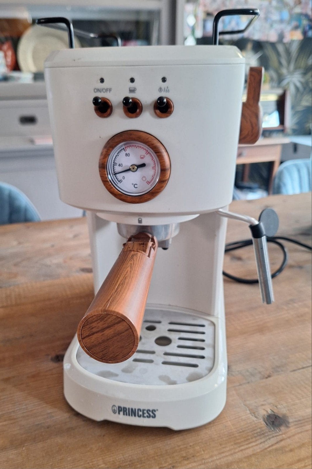 Princess Espressomachine Japandi met opschuimpijp, Stoompijpje, Gebruikt, Espresso apparaat, Gemalen koffie