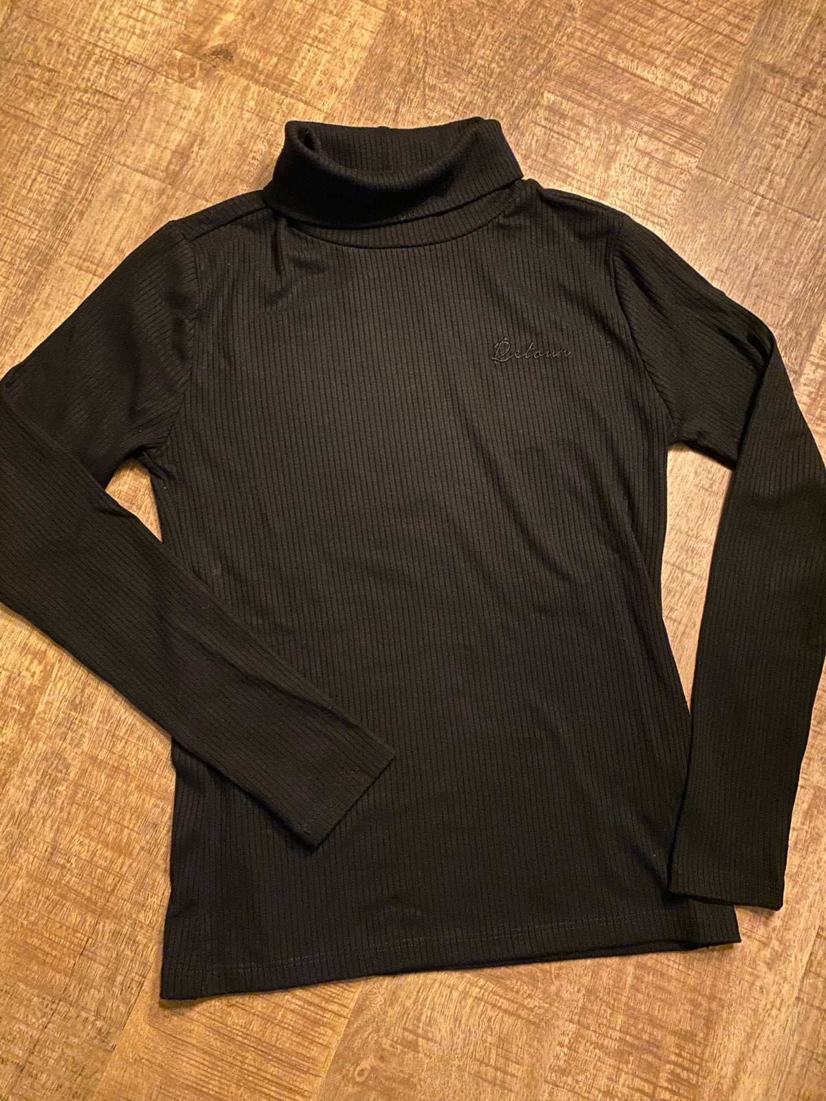 Retour coltrui zwart ribbelstof maat 11/12 (146/152), Ophalen of Verzenden, Zo goed als nieuw, Meisje, Shirt of Longsleeve