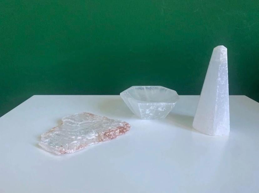 Set van 3 Seleniet items – Schaal, Toren & Ruwe plak, Verzamelen, Mineralen en Fossielen, Ophalen of Verzenden, Mineraal