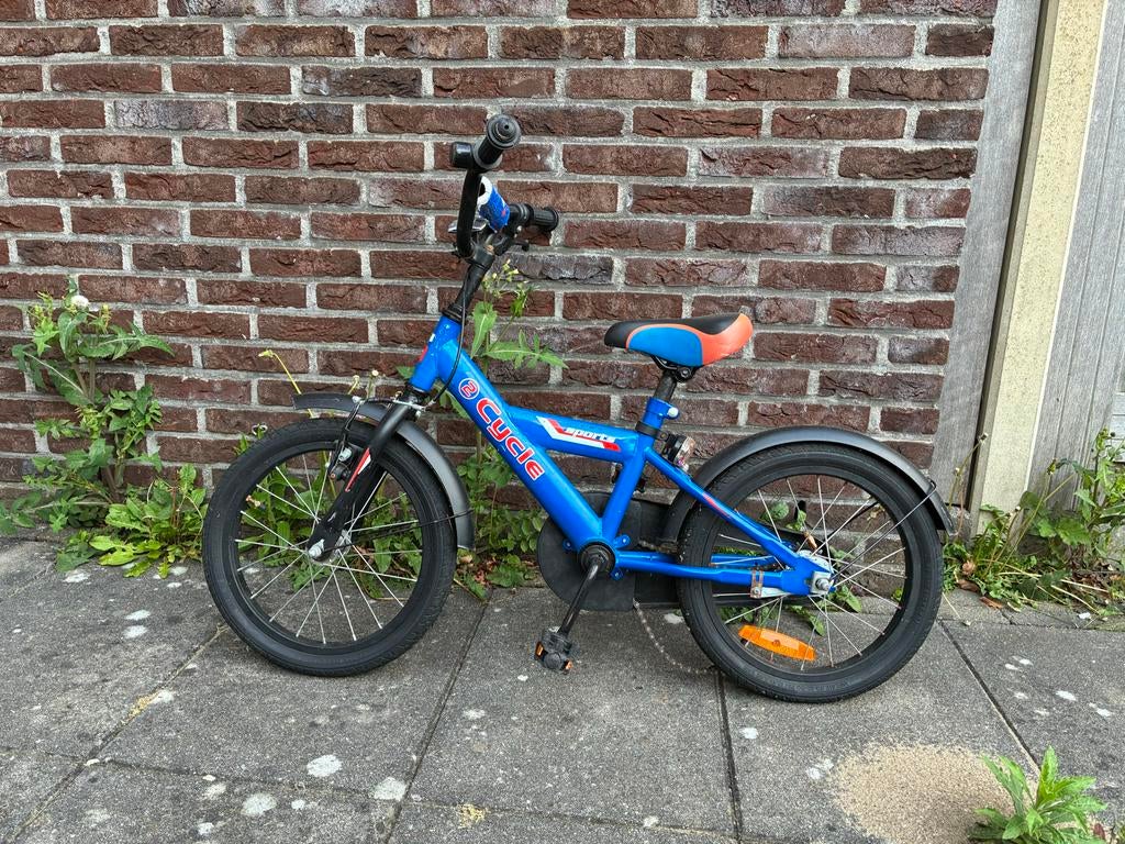 Blauwe kinderfiets - eCycle Sports 16 inch, Fietsen en Brommers, Fietsen | Kinderfietsjes, Ophalen, Gebruikt, Terugtraprem, 16 tot 20 inch
