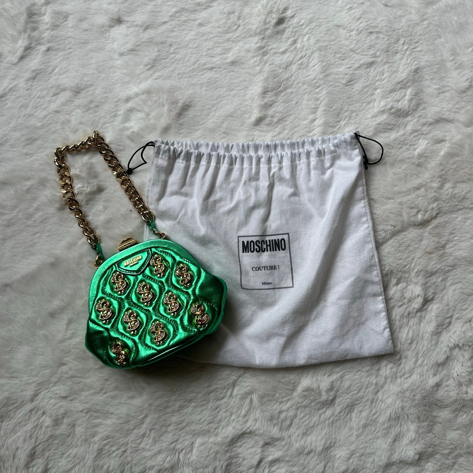Moschino Dollar bag - Groen Metallic, Sieraden, Tassen en Uiterlijk, Ophalen of Verzenden, Zo goed als nieuw, Groen, Avondtasje