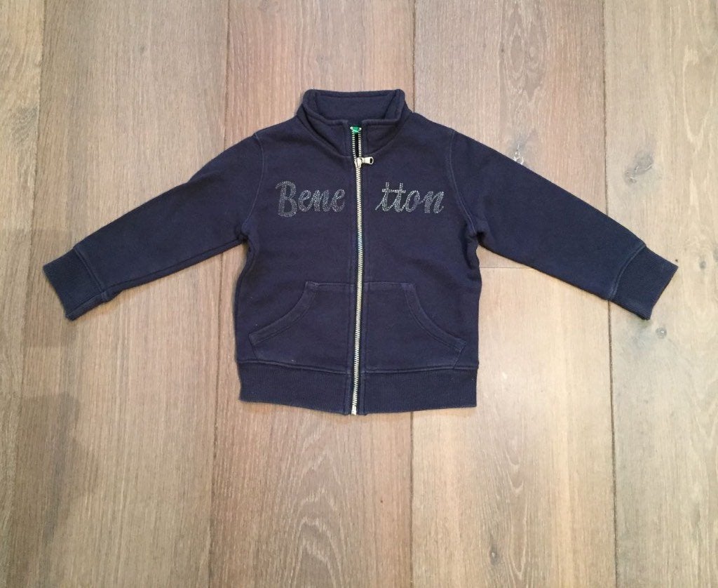 Benetton blauw katoenen sweater vestje met rits; maat 80, Gebruikt, Ophalen of Verzenden, Benetton, Truitje of Vestje
