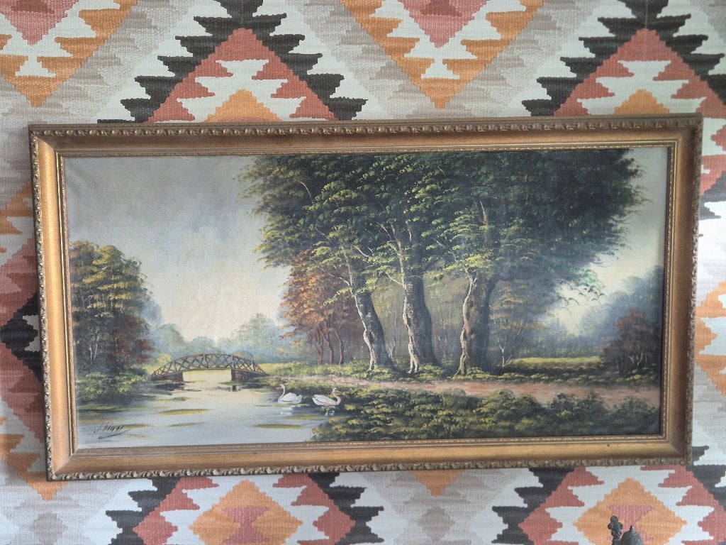 Schilderij met twee zwanen in een parkvijver, Doek, Overige technieken, Landschap, Ophalen