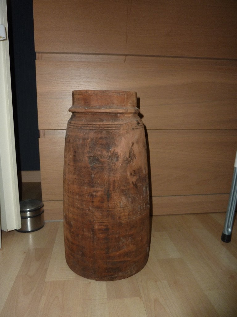 Nepalese oude houten vaas kruik sober stoer, Huis en Inrichting, Woonaccessoires | Vazen, Gebruikt, Bruin, Ophalen of Verzenden