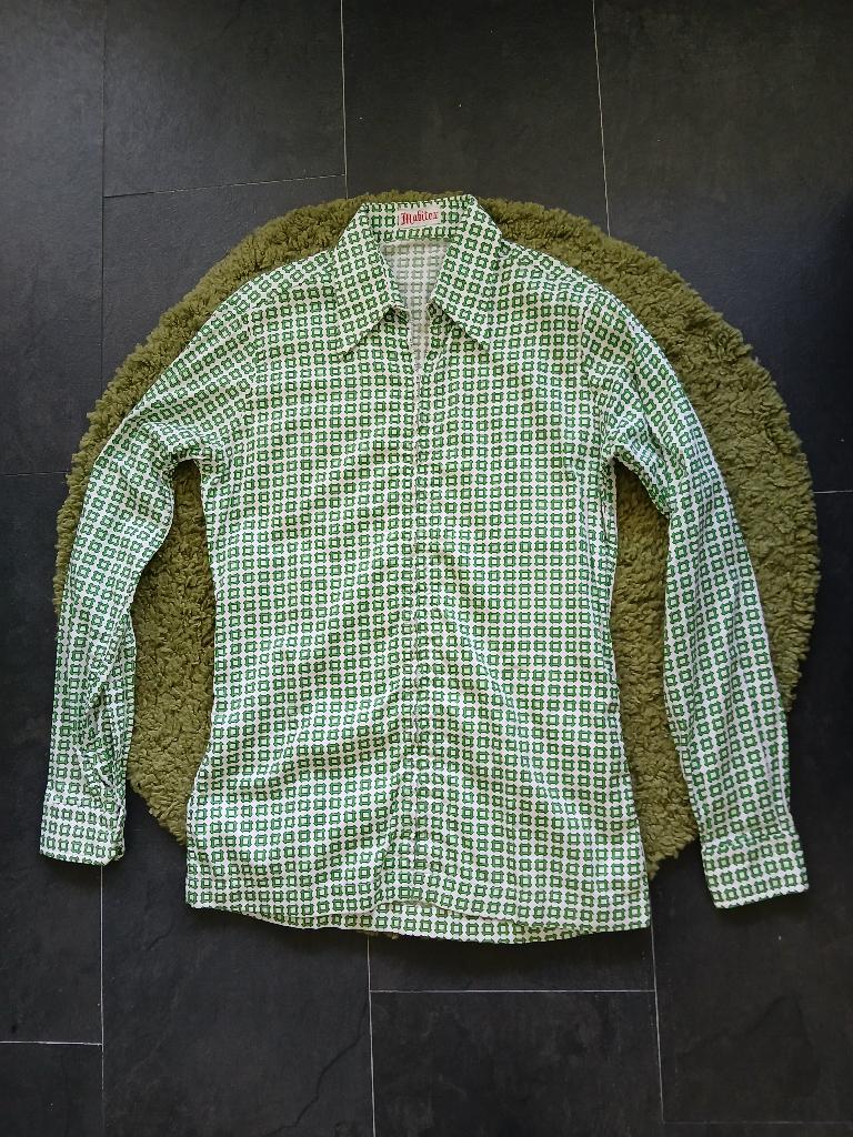Vintage jaren 70 wit en groene print blouse / vest met rits, Maat 38/40 (M), Verzenden, Wit, Zo goed als nieuw