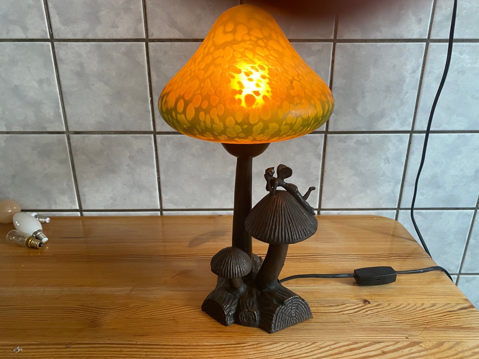 Fairy mushroom lamp Tinkerbel 38 cm hoog brons, Ophalen of Verzenden, Zo goed als nieuw, Glas