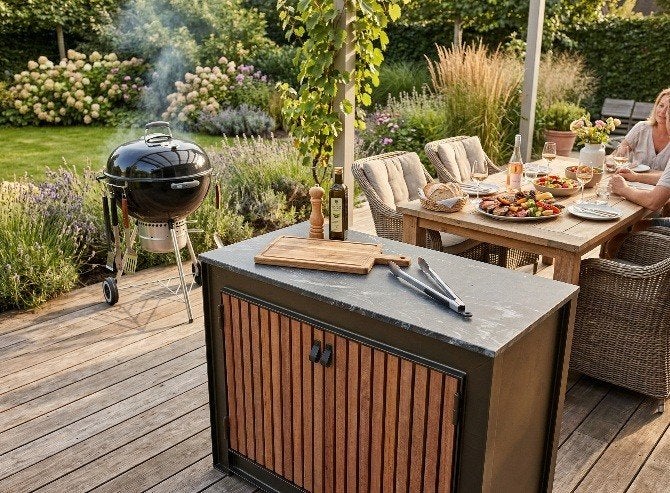 Graniet hardhout unieke buitenkeuken staalframe bbq massief, Tuin en Terras, Buitenkeukens, Ophalen, Nieuw, Gas, Vrijstaand