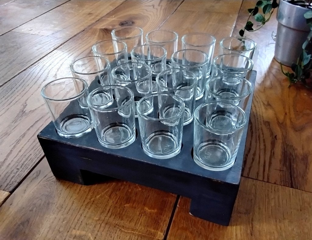 Houtblok waxinelichtjes (of bloemvaasjes - shotglaasjes - ka, Gebruikt, Zwart, Waxinelichthouder, Ophalen of Verzenden