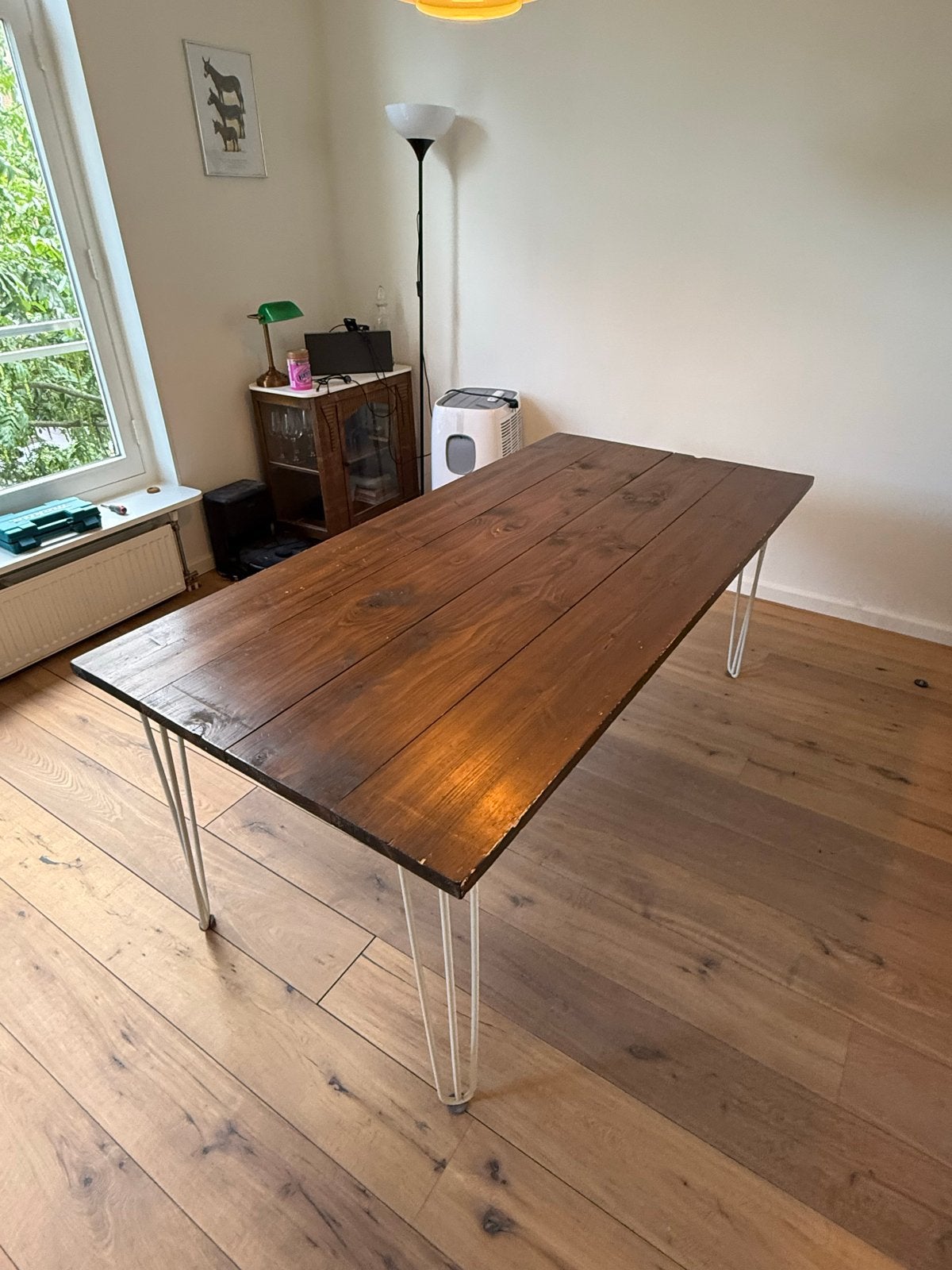 Robuuste houten eettafel met hairpin poten, Huis en Inrichting, Ophalen, Gebruikt, 50 tot 100 cm, 150 tot 200 cm