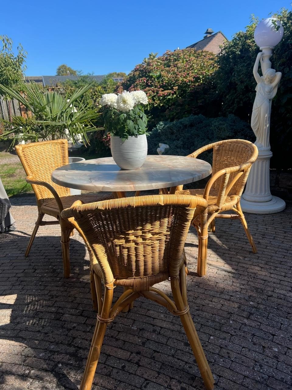 Rotan tuinset met ronde tafel en 4 stoelen, Ophalen, 4 zitplaatsen, Gebruikt, Rotan