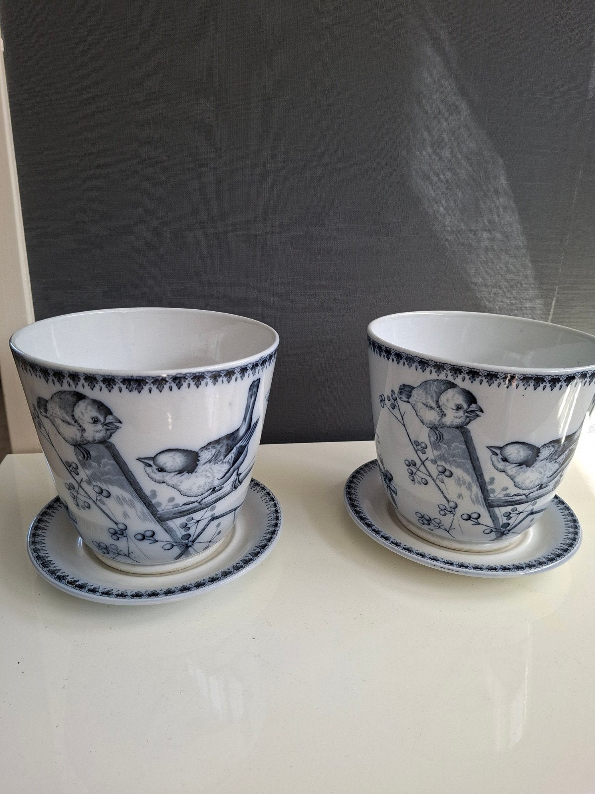 Antieke Plata vogels bloempotten op schotel set van 2., Ophalen of Verzenden